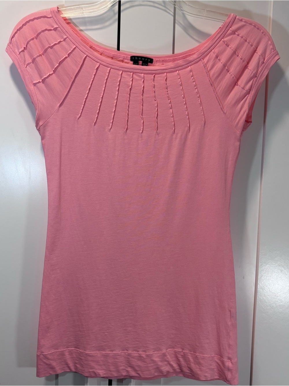Theory Top Pink Pleated Pintuck Short Sleeve Stretch Cotton Made in Peru Women S
